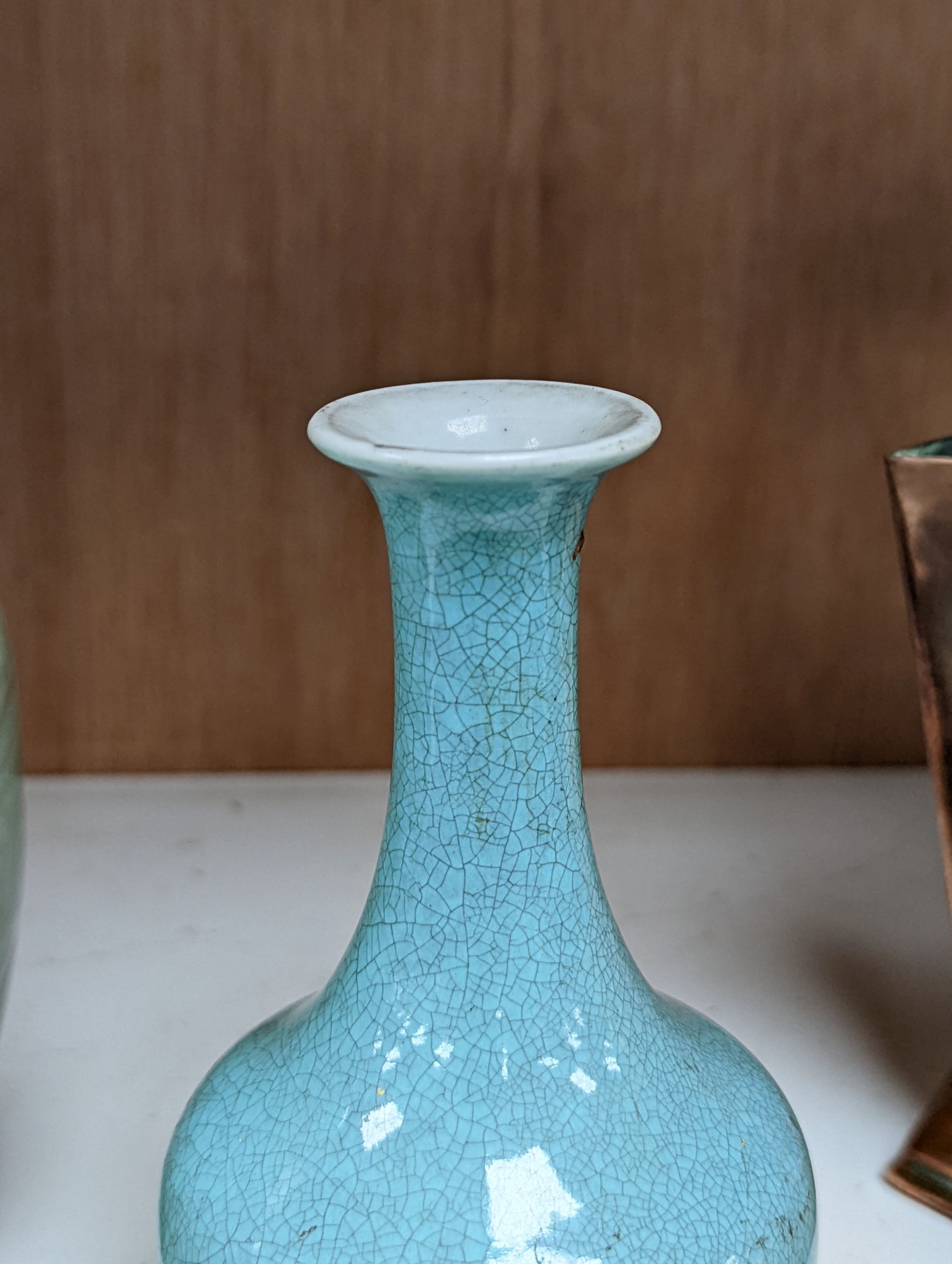 Three 19th Chinese monochrome glazed vases, with sang de boeuf, celadon and turquoise crackle glaze, tallest 21 cm